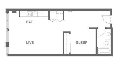 Floor plan for 1 bed, 1 bath, 665 sqft